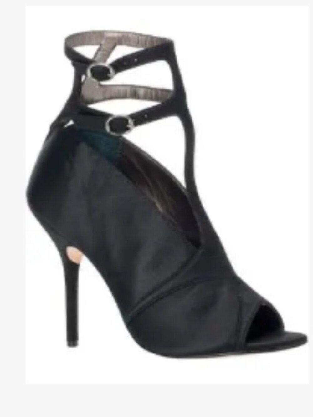 Leon Max Pika Satin Peep‑Hole Ankle Strap Heels Black Size 9 NWT